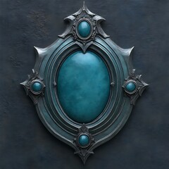 Ornate, metallic, oval emblem with teal gemstone.  Detailed, decorative, and stylized design