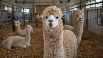 わら敷きの屋内施設で飼育されるアルパカの群れと柵の風景