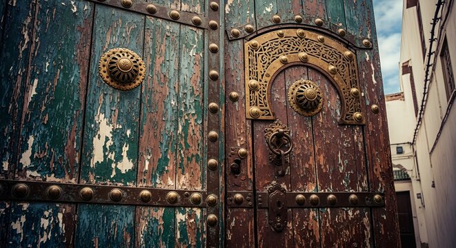 Ornate wooden door with metalwork in Tunis Medina alleyway