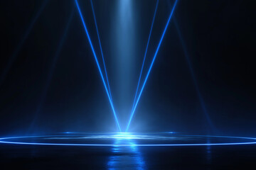 Futuristic dark blue stage background with neon laser light beams and reflective floor, 3D rendering for product showcase and music event concept