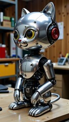 Fototapeta premium Intricately designed metallic feline robot with articulated joints and expressive eyes placed on a wooden desk in a workshop setting showcasing advanced robotics
