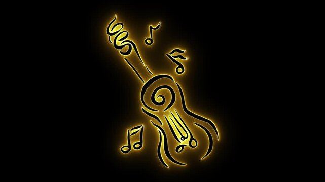 Neon guitar art. Musical note icon. Glowing instrument. Audio visual design. Electric vibe art. Golden line music. Abstract melody. Night club graphic. Jazz concert flyer. Rhythm and blues.
