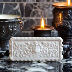 Ornate, off-white rectangular soap bar with embossed floral design, displayed on a dark marble surface near candles