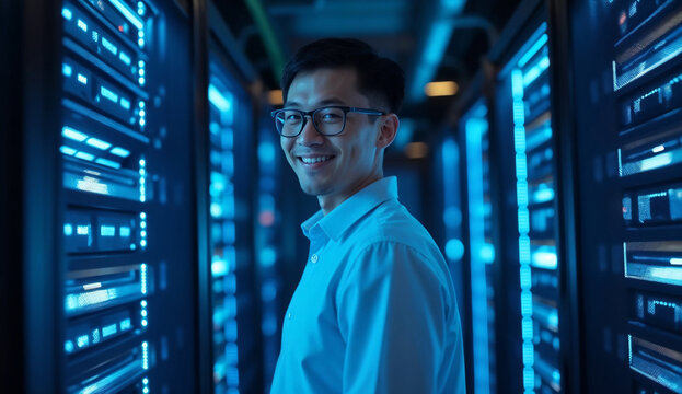Asian male IT specialist smiles in a data center with rows of glowing servers.