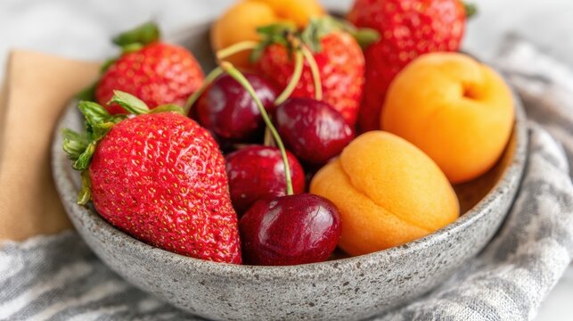 Fruit bowl with strawberries, cherries, and apricots on a kitchen table