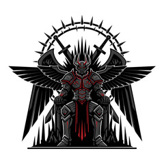 Fototapeta premium Mighty Armored Shadow Lord on Throne with Spiked Wings and Swords, Dark Fantasy Illustration Vector Art