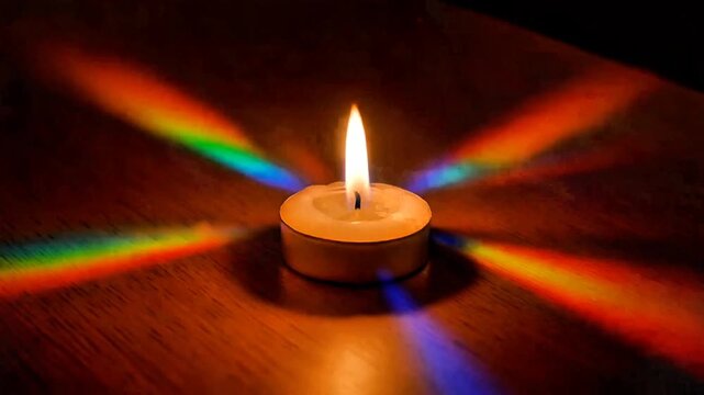 Tealight candle with rainbow diffraction in ambient abstract motion scene. Seamless looping time-lapse animation video background