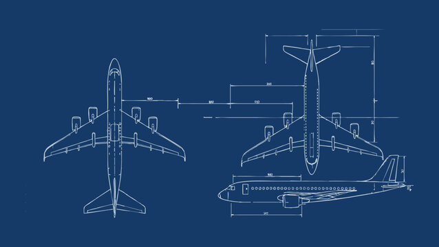 Technical Aerospace Blueprint of a Commercial Passenger Airplane Featuring Top and Side Elevation Views with Measurement Lines on a Blue Background