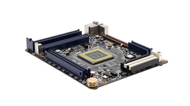 Mini ITX motherboard with CPU socket and RAM slots isolated on white background for embedded systems