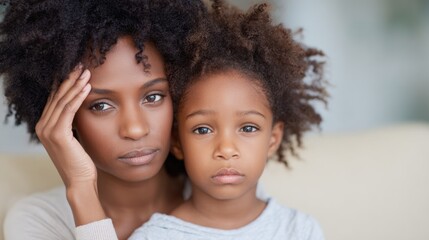 Obraz premium Mother and child sit closely with serious expressions at home during the day