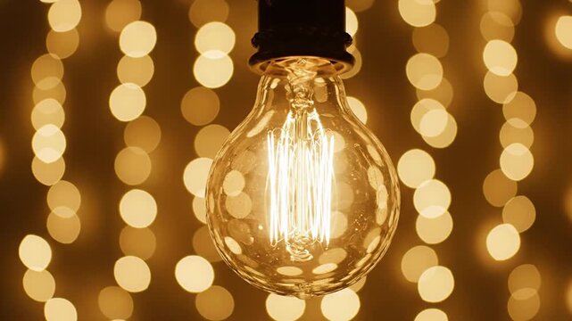 Edison light bulb glowing brightly against warm golden bokeh background