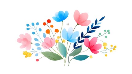Obraz premium An ic watercolor painting of a sweet floral arrangement with soft pink bright blue and vivid coral flowers detailed green foliage and tiny red and yellow berries perfect for spring and summer themes