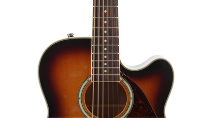 Obraz premium Acoustic guitar close-up with sunburst finish and cutaway design, showcasing musical instrument detail