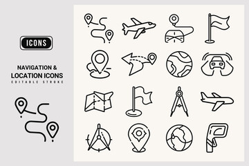 Collection of Navigation and Location Icons Editable Stroke for Maps