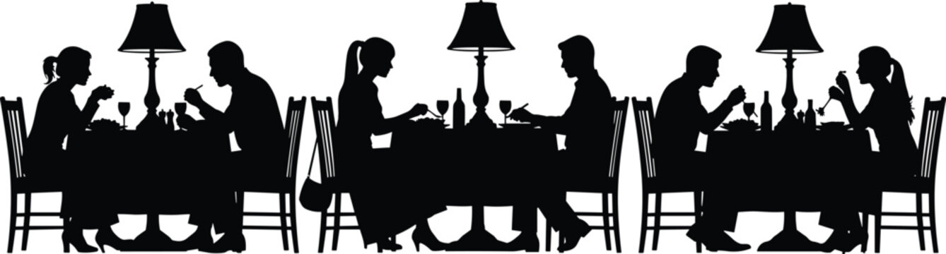Black silhouette of romantic couples dining at a luxury restaurant table with wine and lamps for fine food and date night celebration concept