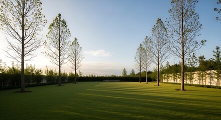 Fototapeta premium Serene landscape of a green field with trees under a clear blue sky at sunrise