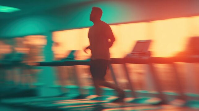 Running on a treadmill in a gym during sunset hours
