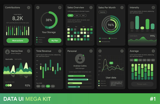 Modern dark dashboard UI kit with analytics widgets, charts, graphs and KPI cards. Business data visualization interface for finance, sales monitoring, performance tracking and mobile app design