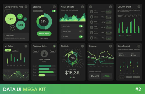 Modern dark dashboard UI kit with analytics widgets, charts, graphs and KPI cards. Business data visualization interface for finance, sales monitoring, performance tracking and mobile app design