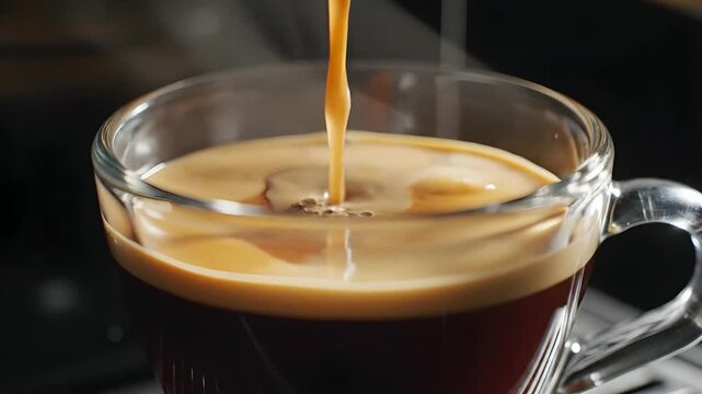 Close-up of espresso pouring into a clear glass mug, creating a rich crema layer. generative AI