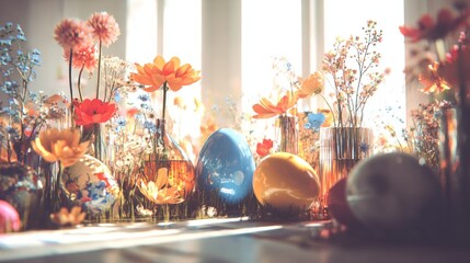 Fototapeta premium Colorful eggs and flowers arranged in a bright setting for a festive occasion