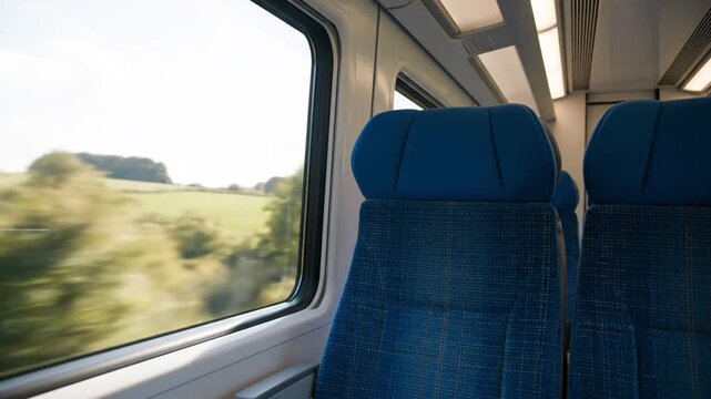 Blue train seat by window with blurred green countryside view