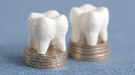Two white tooth models placed on stacks of coins on blue background