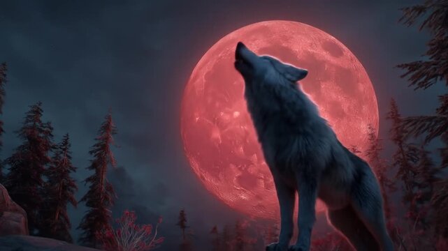 Lone wolf howling at red moon in wilderness at dusk dramatic scene
