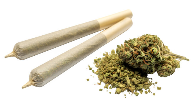 Two rolled cannabis joints with marijuana buds and loose cannabis