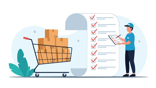 Delivery man checking inventory list with a shopping cart full of packages representing e-commerce and logistics services.
