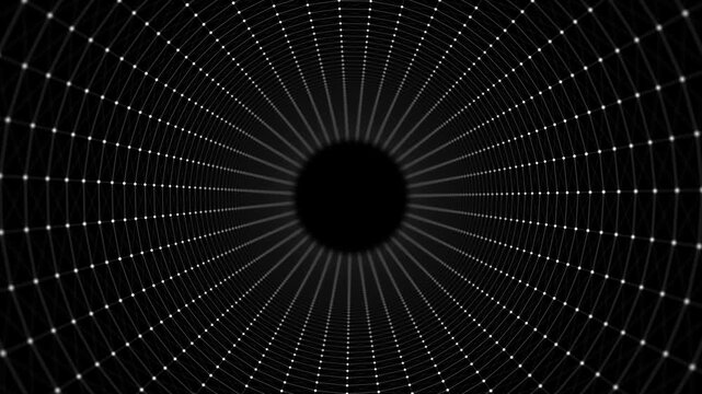 Abstract sci-fi black tunnel. Wormhole absorbs cyberspace. 3D portal. Futuristic fantasy high-tech funnel. 3d rendering.