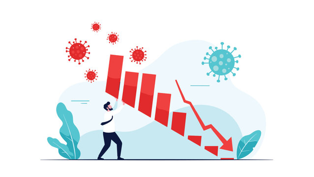 Man struggling to hold up falling bar graph during pandemic crisis representing economic instability and financial rescue efforts.