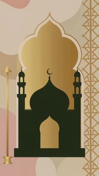 Minimal vertical design featuring a gold ogee arch, mosque silhouette and geometric arabesque pattern
