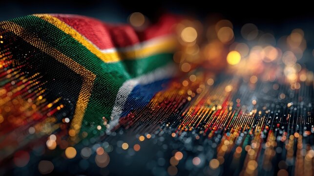 A digital representation of the South African flag with glowing bokeh lights and a futuristic, pixelated effect.