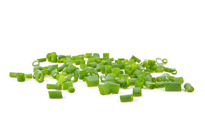 Green spring onions, chopped green onions isolated on white background.
