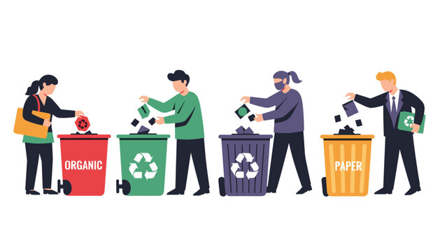 Group of people sorting different types of waste into colorful recycling bins for organic, plastic, glass, and paper to protect environment.