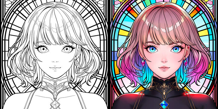 Anime Girl on the background of a Stained Glass window