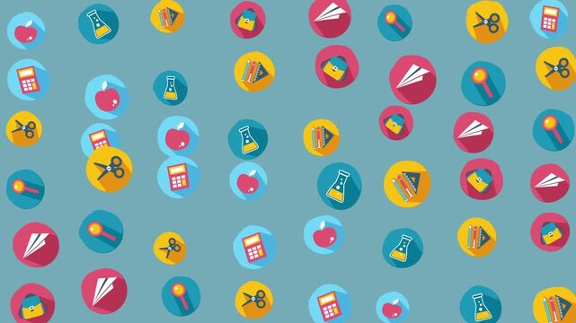 Flat icons of school supplies in colorful circles. Perfect for educational presentations, backtoschool designs, and childrens learning materials.