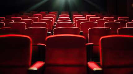 Obraz premium Empty Red Theater Seats with Soft Light Beam in Darkened Cinema Space Creating a Feeling of Anticipation and Artistic Atmosphere for Movie Lovers