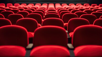 Obraz premium Vibrant Red Seats in an Empty Cinema Hall, Ready for Show, Capturing the Anticipation of Moviegoers in a Modern Theater Atmosphere