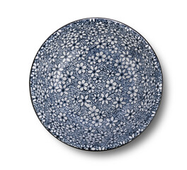 Stripe painted bowl , antique ceramic  , creative handmade ,decorated ceramic plate, with a pattern of flowers in isolation on a white background.