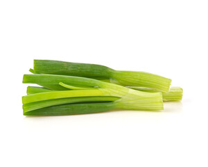 Green spring onions, chopped green onions isolated on white background.