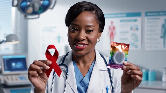 African American doctor holding HIV ribbon and rainbow condom in clinic