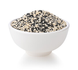 White and black sesame seeds in white ceramic bowl isolated on white background