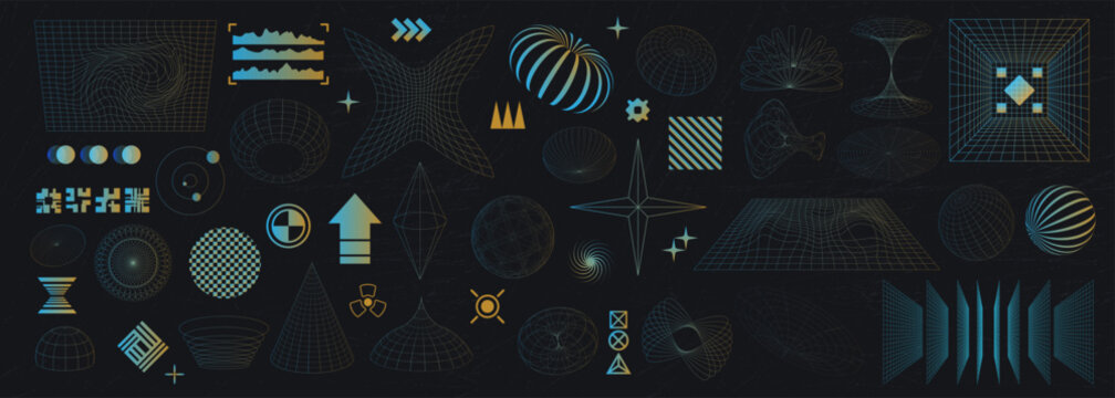 Tech icons. 3D abstract gradient shapes. Futuristic wireframe wave or neon geometry grid. Perspective digital figures. Graphic torus and outline cones. Vector line isolated elements set