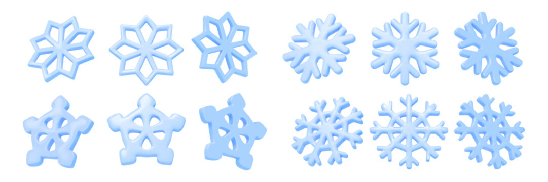 3d snow elements. Paper winter ornament, white xmas flake or origami ice cut different angles view. Light christmas holiday decoration. Snowfall cartoon render vector isolated icons design