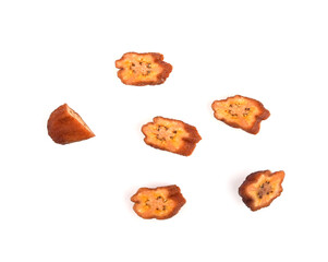 Slices Honey Baked Bananas, pieces of Thai preserved food. Thai snack, Dried bananas isolated on white background