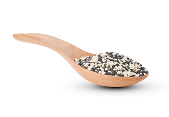 Black and white sesame seeds in big wood spoon isolated on white background.