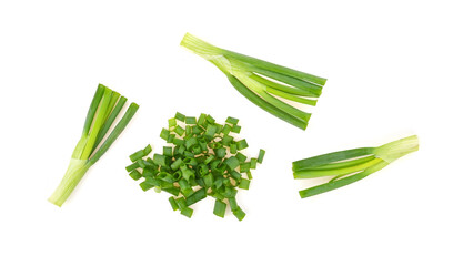 Green spring onions, chopped green onions bunch of green onions isolated on white background. top view .