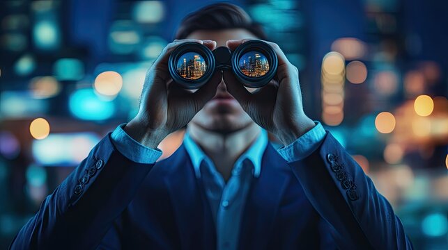 Business professional using binoculars to observe a futuristic cityscape with blurred city lights in the background at night in a vibrant urban setting